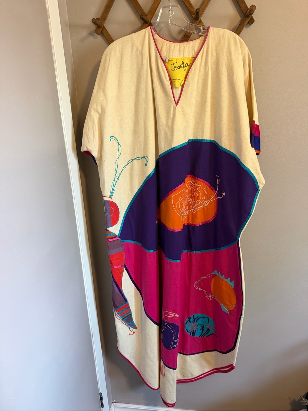 Josefa Vintage 70s Butterfly Applique Cotton Caftan Maxi Dress Cream OS Stains